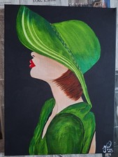Bild Acrylfarbe , Unikat Frau mit Hut grün , abdtrakt Lady Portrait , handgemalt