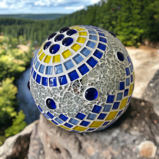 Mosaik Rosenkugel blau gelb silber 15 cm - Gartenkugel - handgemacht - #1358-a