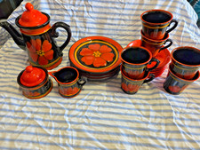 Retro Kaffeeservice 6 Personen schwarz / orange Blumen