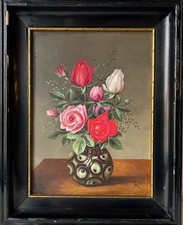 Ölbild Stillleben Blumen Rosen A.W. Monogramm Bilderrahmen Schwarz Antik Vintage