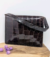 Vintage Handtasche, Tragetasche in Dunkelbraun mit Krokoprägung – Echtleder –...