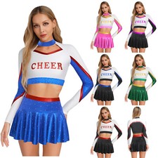 DE Damen Cheer Leader Kostüm Langarm Cheerleading Uniform Outfits Tanzkleid Sets