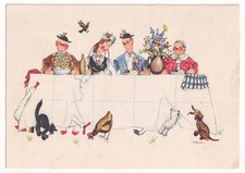 Bauernhochzeit, Hochzeitstafel mit 2 Katzen, 2 Gänsen + 1 Huhn, signiert Hahn