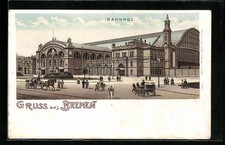 Lithographie Bremen, Bahnhof mit Kutschen 