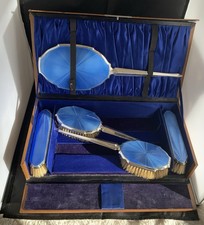 Antik Sterling Silber & Blau Guilloche Emaille Schminktisch Set 1911 & 1946