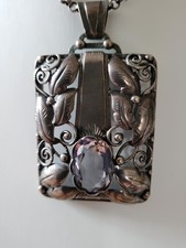 Art-Deco Silber großer Anhänger  ovaler  Amethyst Blätter  + 925er Silber Kette