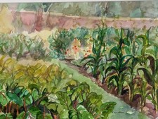 Original Aquarellgemälde von Ann Carr M.A.C. 1927-2020 Küche Garten