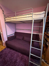 Hochbett 90x200 Metall grau, Klappcouch 80/140x200 & Flokati, Farbe Brombeer