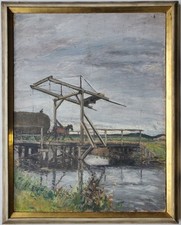 Gemälde Öl Landschaft Brücke Heuwagen Bernhard Huys Worpswede 1948