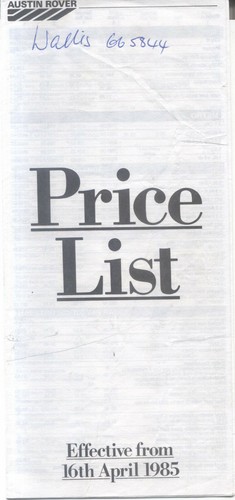 Austin rover preisliste 1985 - austin,