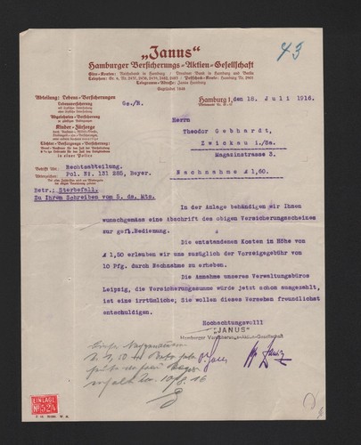 Hamburg brief 1916 janus - hamburg,, 1916,