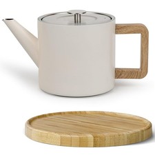 Edelstahl Teekanne 1.1 Liter creme-weiß doppelwandig & brauner Holzuntersetzer
