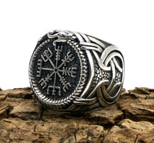 Wikinger Siegelring Vegvisir Kompass Edelstahl Silber Viking Runen Ring - NEU