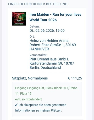 Iron maiden sitzplätze ticket - iron,