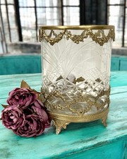 Edles Glas mit Schliff und Messing Windlicht Vase Antikstil 18cm Rund 1,2kg NEU