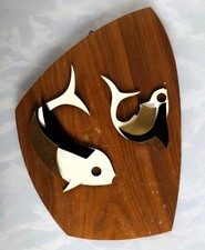 Vintage 3 D Wandbild Holz mit 2 Metall- Fischen 50er Jahre