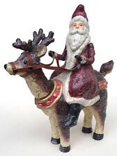 Alte Weihnachtsmann Figur Pappmaché auf Wackelkopf Renntier handbemalt Glitter
