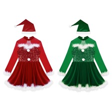 DE Kinder Mädchen Weihnachten Wichtel Kostüm Pailletten Glitzer kleid Langarm