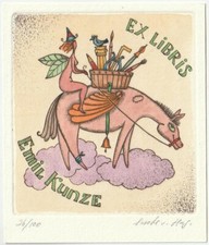 SASCHA VON HAGEMEISTER: Exlibris für Emil Kunze, Elfe auf Pegasus
