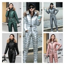 Damen one piece Overall Gepolstert Gesteppt mit Kapuze Slim Ski Anzug Dick Warm