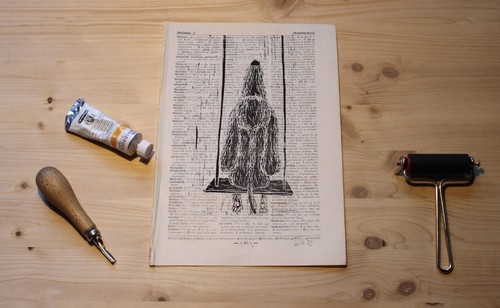 Linoldruck schaukeln - linoldruck, –