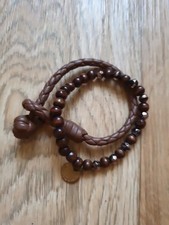 2 x Marc Cain Armband Armschmuck Leder Geflochten Holzperlen Braun länge 20cm