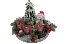 Adventsgesteck Landschaft Schneemann Tanne 4 Kerzen Teelichthalter rot weiß grün