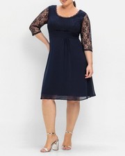 Sheego Damen Abendkleid 3/4-Arm Rundhals Wadenlang Spitze marine NEU