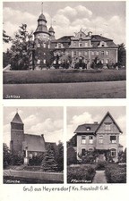 AK Fraustadt - Heyersdorf - 3 Bild Schloss Pfarrhaus Kirche - gel. 1937 Wschowa