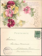 Ansichtskarte  Künstlerkarte Blumen 1900  gel. Ankunftsstempel Schlawe Pommern