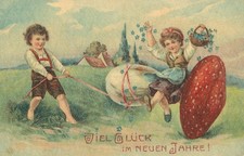 Glückwunsch Neujahr, Fliegenpilz bringt Glück, Kinder, Festpostkarte, Liberec