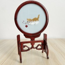 Vintage chinesische Seide Kätzchen Ständer Stickerei doppelseitig Ingwer Katze 22 cm