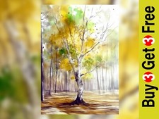 Golden Birch Tree 5"x7" Druck auf mattem Papier | Serene Woodland Aquarell Kunst