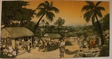 Aufwendiges Wandbild Batik: Dorf in Sri Lanka, Landschaft (ca. 1,60 x 85 cm)