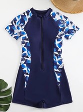 Sportlicher Badeanzug in Navyblau mit dynamischem Print Reißverschluss,L (40/42)