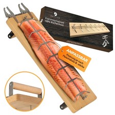 Flammlachsbrett – massives Buchenholz – einstellbare Lachshalterung-Haltegriffe