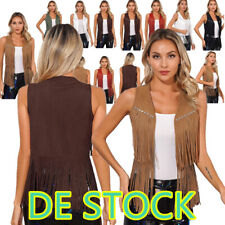 DE Damen Wildleder Weste mit Fransen Jacke Cardigan Ethnisch Cowboy Hippie