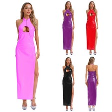 Damen PVC Nasslook Lederkleid ärmellos Ausschnitt Reißverschluss Bodycon Kleid