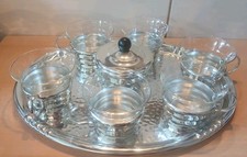 6 vintage DDR Teegläser + 6 silberfarbene  Aluhaltern + Tablett und Zuckerdose