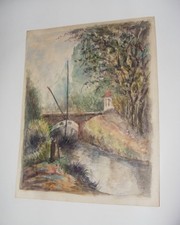Altes Aquarell. Schiff auf dem Canal de Bretagne bei Jocelin, signiert