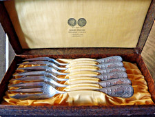 6x Gründerzeit Fischgabel v. WMF vor 1903 antik Fischbesteck verziert Jugendstil