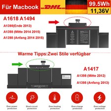für MacBook Pro 15" A1398 Mid 2012 2014 2015 Early/Late 2013 A1417/A1618 Akku