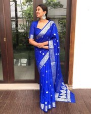 Weißer Lichi Seiden Saree Mit