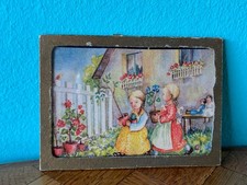 Altes Bild Glas Mädchen Garten Puppenstube Puppenhaus dollhouse picture