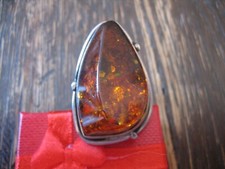 großer Art Deco Bernstein Ring Handarbeit asymmetrisch Unikat 925 Silber RG 55