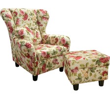 OHRENSESSEL mit HOCKER Landhaus Polster-, TV-, Lesesessel Blumenmuster-Webstoff