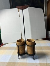 Flaschenhalter Korb geflochten  Rattankorb Weinflaschen Vintage Teak Griff 60s