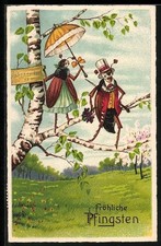 AK Elegant gekleidetes Maikäferpaar mit Schirm auf dem Ast einer Birke, Pfingst 