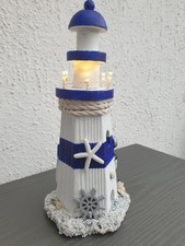  Deko Leuchtturm- blau/ weiß  LED Deko Maritim Holz 27 cm-Handgemalt