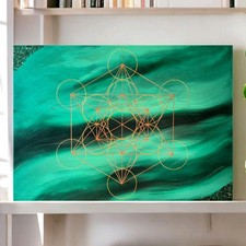 Metatrons Würfel Energiebild mit Malachit Original Handgemalt 50x70cm Unikat